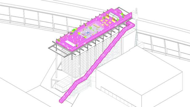 Eine axonometrische Zeichnung des „The Podium“ von MVRDV mit einer langen Treppe.
