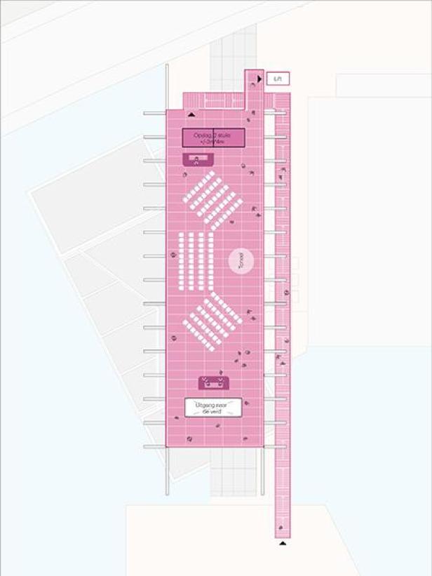 Ein pinkfarbener Grundriss des Veranstaltungsortes „The Podium“ mit Bestuhlungsplan.