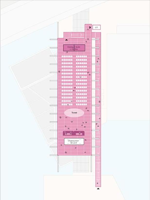Ein Grundriss des The Podiums, entworfen von MVRDV, mit Sitzplätzen und einer Bühne.