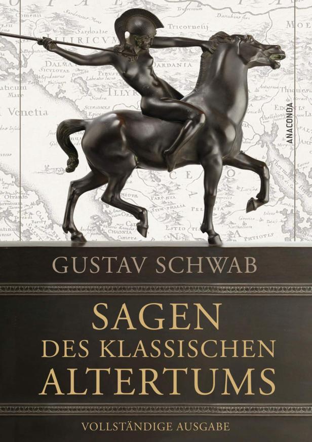 Das Buch „Sagen des klassischen Altertums“ von Gustav Schwab mit einer Statue einer Reiterin im antiken Stil.