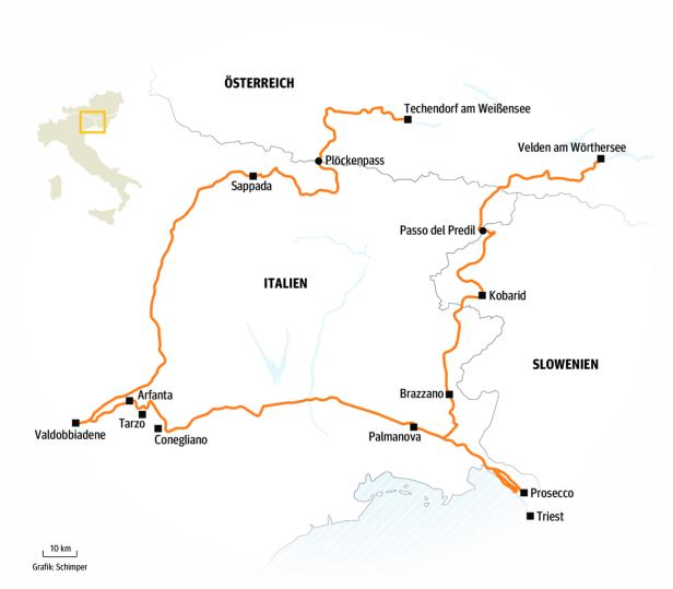 Eine Karte, die eine Reiseroute durch Österreich, Italien und Slowenien zeigt.