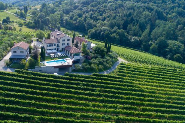 Ein Weingut mit Pool liegt inmitten von Weinbergen und üppiger Vegetation.