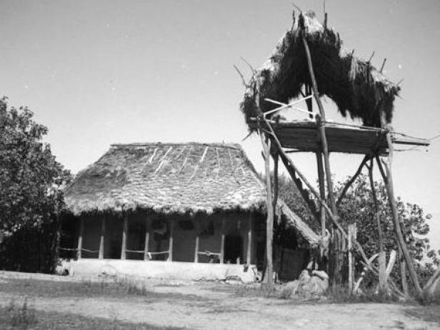 Ein Haus und ein Wachturm, beide mit Strohdächern, stehen in einer ländlichen Gegend.
