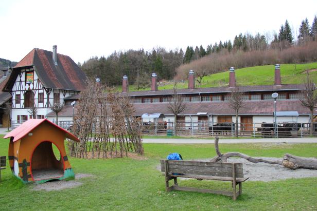 Ein Bauernhof mit Spielplatz und Weidefläche im Hintergrund.