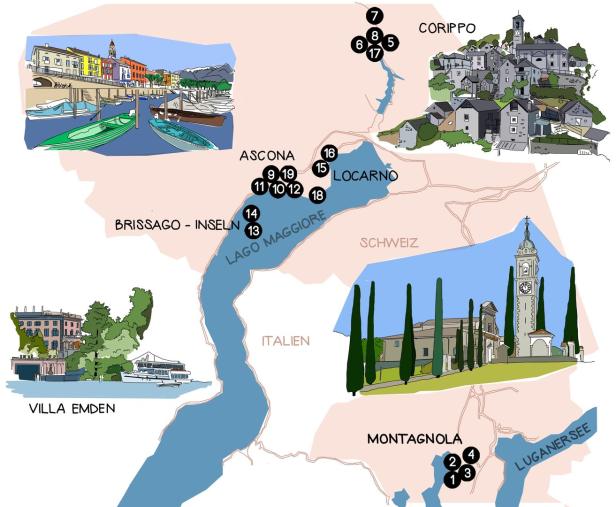 Eine illustrierte Karte des Lago Maggiore mit Sehenswürdigkeiten wie Ascona, Locarno und den Brissago-Inseln.