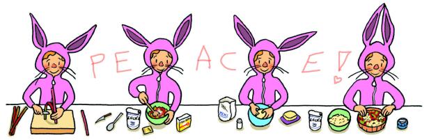 Eine Illustration von vier Personen im Hasenkostüm, die verschiedene Zutaten zubereiten, um „PEACE!“ zu backen.