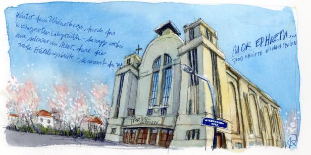 Eine Aquarellzeichnung der syrisch-orthodoxen Kirche Mor Ephrem.