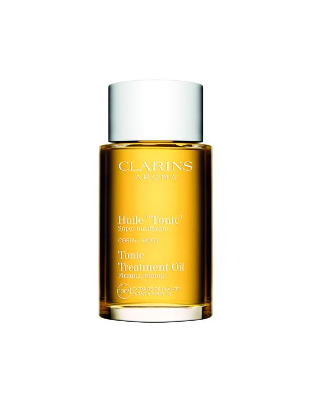 Eine Flasche „Huile Tonic“ Körperöl von Clarins Aroma.