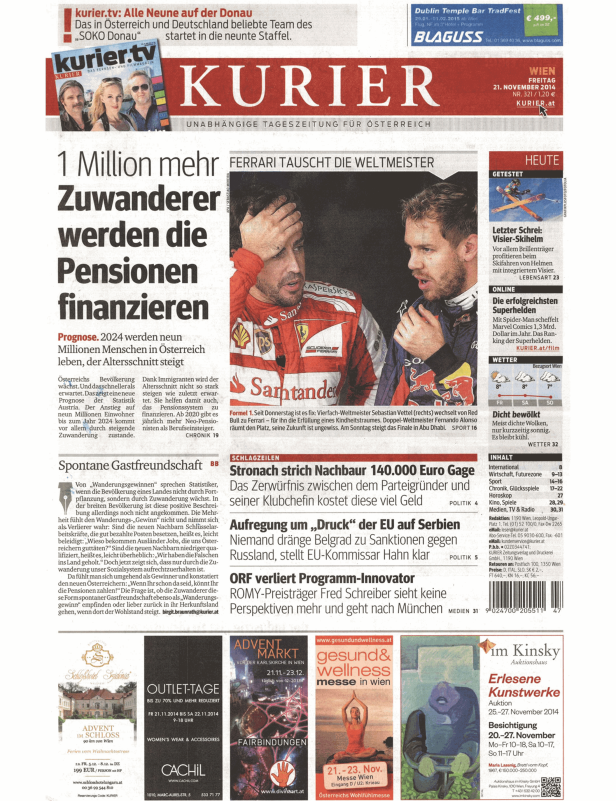 Titelseite der Zeitung Kurier vom 21. November 2014.