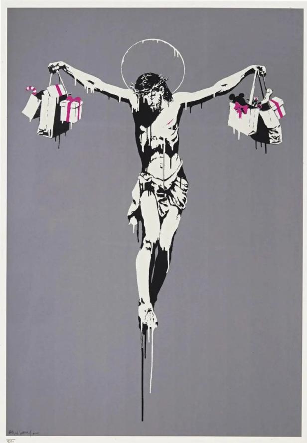 Banksy-Grafik zeigt Jesus am Kreuz, der stattdessen Einkaufstüten mit Geschenken hält.