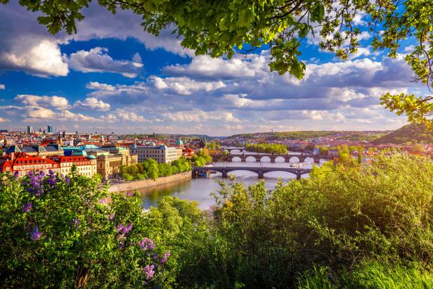 Blick auf Prag mit der Moldau und mehreren Brücken unter einem bewölkten Himmel.