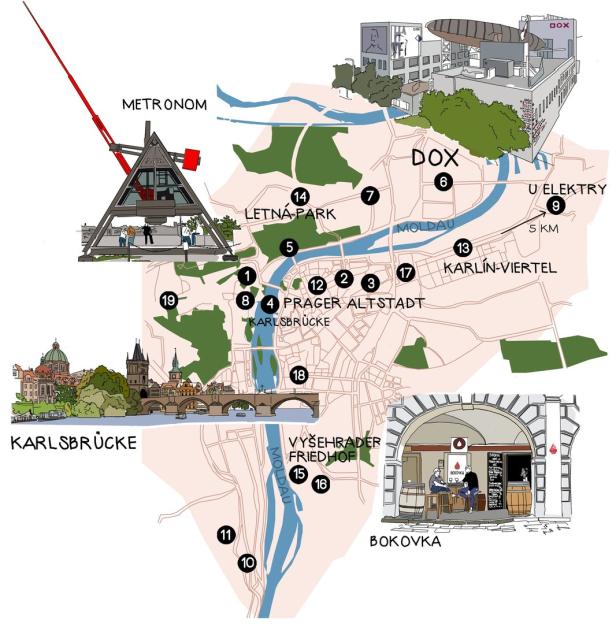 Eine illustrierte Karte von Prag mit Sehenswürdigkeiten wie der Karlsbrücke und dem Metronom.
