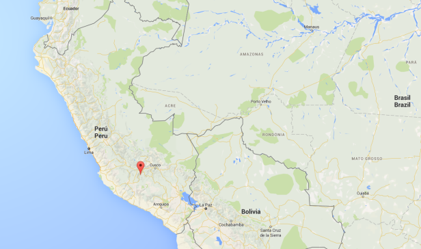 Eine Karte von Südamerika mit besonderem Fokus auf Peru und der Stadt Cusco.