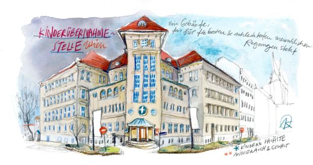 Eine Aquarellzeichnung der „Kinderübernahme Stelle Wien“, einem Gebäude, das für menschliche Regungen steht.