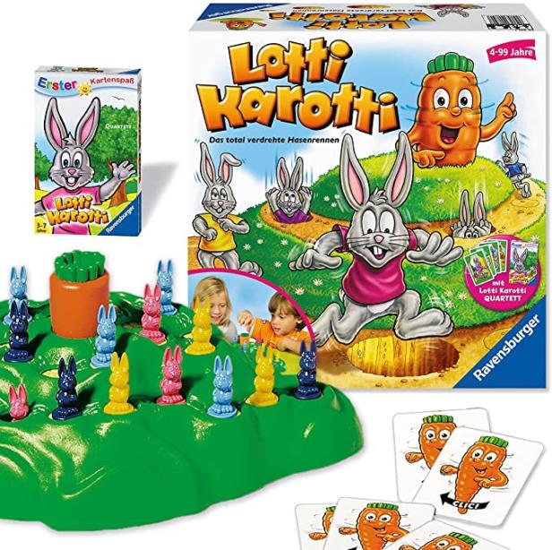 Das Brettspiel „Lotti Karotti“ von Ravensburger mit bunten Hasenfiguren und Spielkarten.