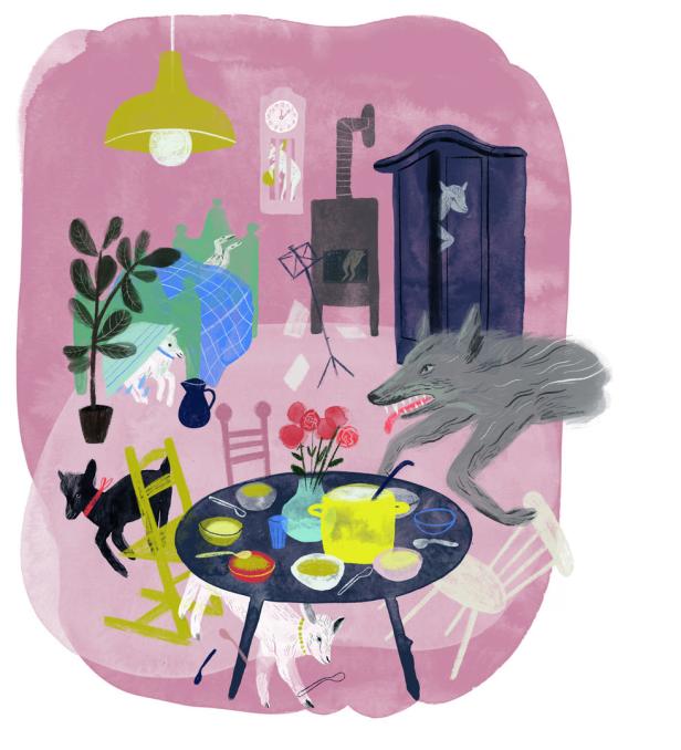 Illustration des Märchens „Der Wolf und die sieben Geißlein“ in einem Wohnzimmer.