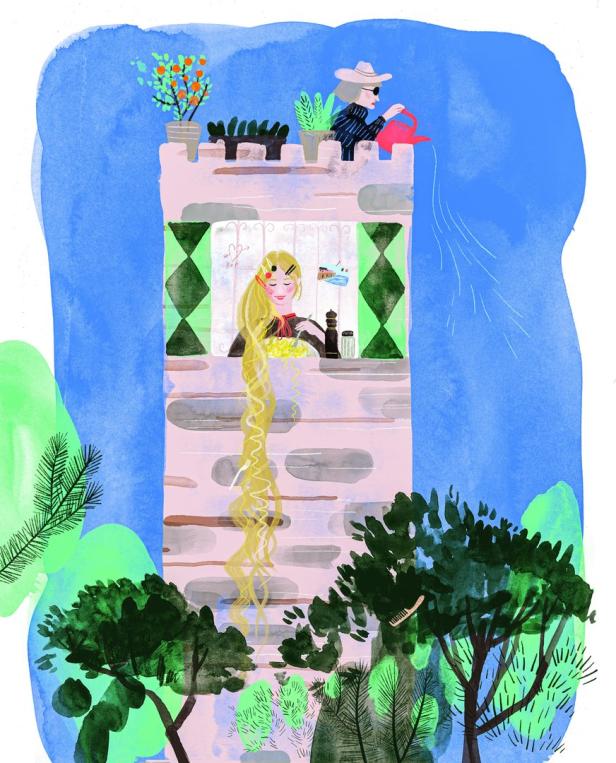 Eine stilisierte Illustration von Rapunzel, die in ihrem Turm kocht, während eine Frau oben die Pflanzen gießt.