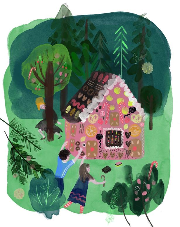 Kinder stehlen Süßigkeiten von einem Lebkuchenhaus im Wald, während eine ältere Frau zusieht.