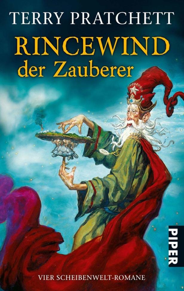 Das Cover des Buches „Rincewind der Zauberer“ von Terry Pratchett zeigt den Zauberer mit der Scheibenwelt.