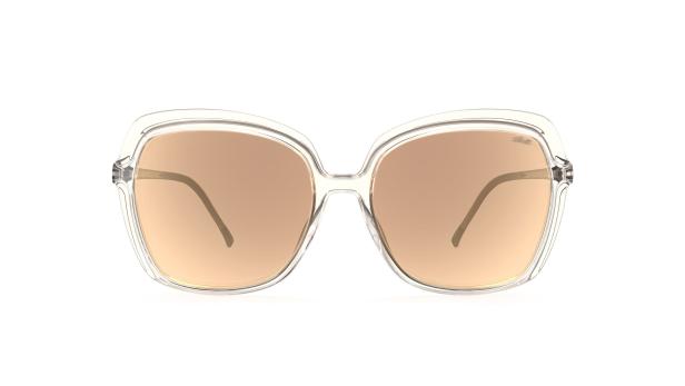 Eine transparente Sonnenbrille mit braunen Gläsern vor einem weißen Hintergrund.