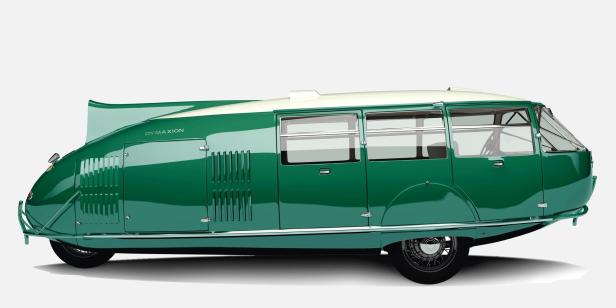 Ein grüner Dymaxion-Wagen, ein futuristisches Fahrzeugdesign.