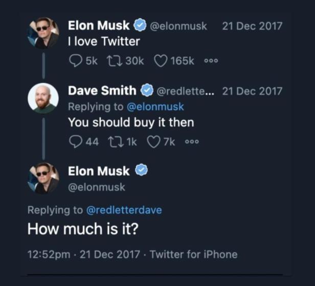 Ein Screenshot eines Twitter-Dialogs zwischen Elon Musk und Dave Smith über den Kauf von Twitter.