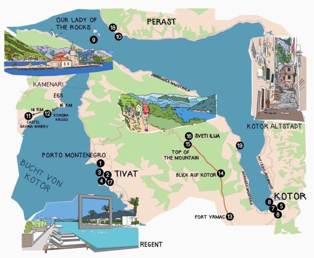 Eine illustrierte Karte der Bucht von Kotor in Montenegro mit Sehenswürdigkeiten.