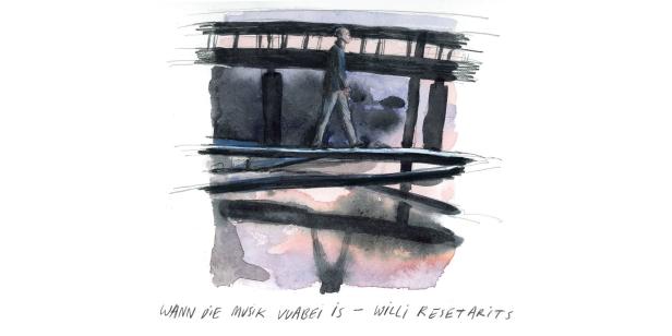 Ein Mann geht auf einer Brücke, dargestellt in einem Aquarellstil.