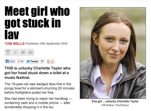 Ein Porträt von Charlotte Taylor, die auf einem Musikfestival mit dem Kopf in einer Toilette stecken geblieben ist.