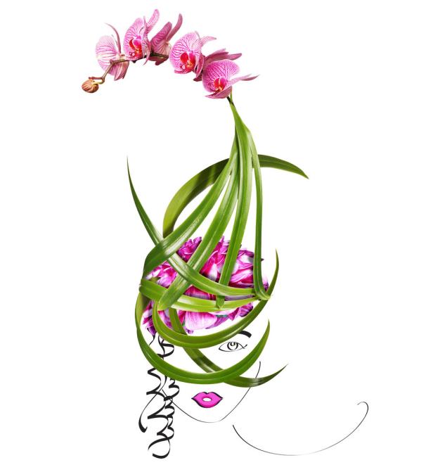 Eine stilisierte Frau mit Orchideen und grünen Blättern als Haarschmuck.