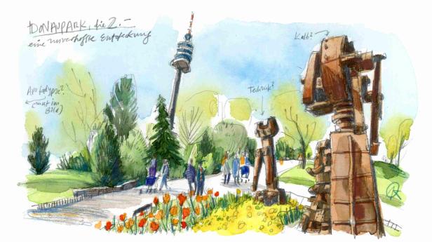 Eine Aquarellzeichnung des Donauparks mit dem Donauturm und einer Skulptur im Vordergrund.