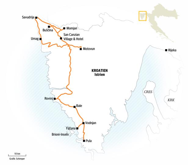Eine Karte von Istrien, Kroatien, mit einer hervorgehobenen Reiseroute entlang der Küste.