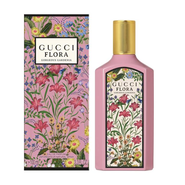 Eine Flasche und die Verpackung von Gucci Flora Gorgeous Gardenia Parfüm.