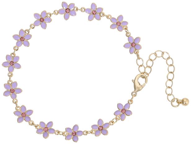 Ein goldenes Armband mit lila Blumen und rosa Schmucksteinen.