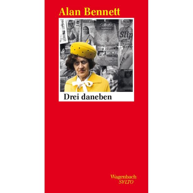 Das Cover des Buches „Drei daneben“ von Alan Bennett zeigt eine ältere Frau in Gelb.