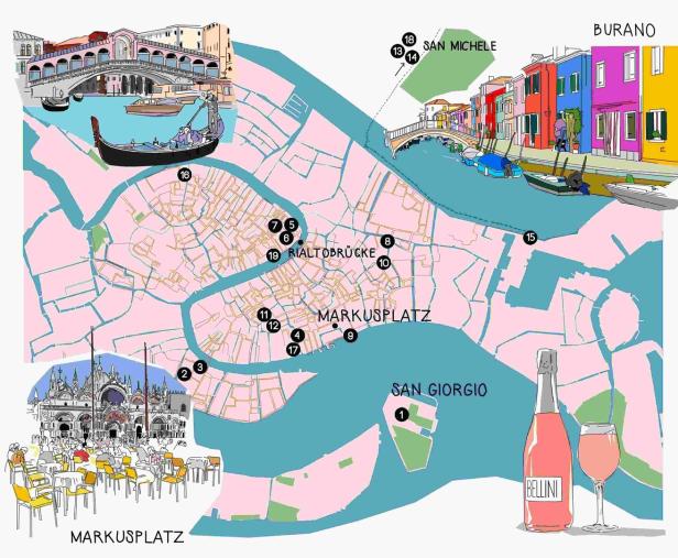 Eine illustrierte Karte von Venedig mit Sehenswürdigkeiten wie dem Markusplatz, der Rialtobrücke und Burano.