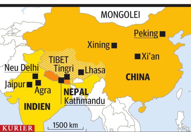 Eine Karte, die China, Indien, Nepal, Tibet und die Mongolei zeigt.