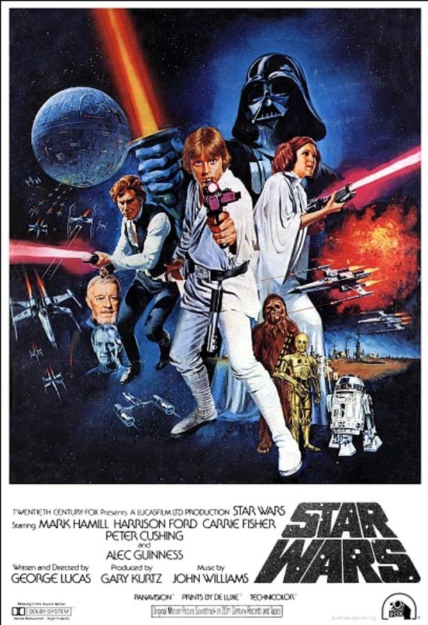 Das Filmplakat für „Star Wars: Eine neue Hoffnung“ zeigt Luke, Leia, Han Solo, Darth Vader und andere Charaktere.