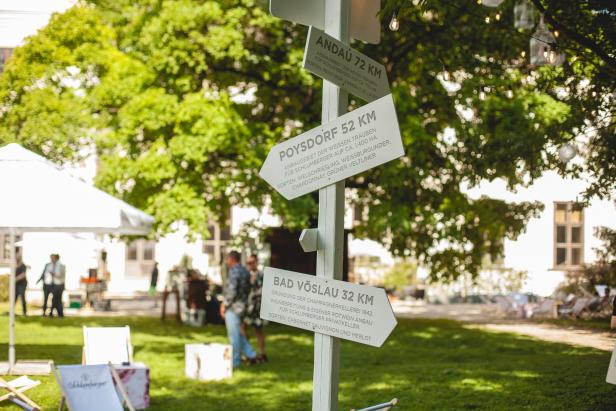 Wegweiser mit Entfernungsangaben zu Weinanbaugebieten wie Andau, Poysdorf und Bad Vöslau.