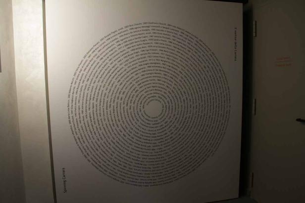 Eine Wandinstallation mit dem Titel „Il vortice della Carrara“ zeigt Namen und Jahreszahlen in einer spiralförmigen Anordnung.