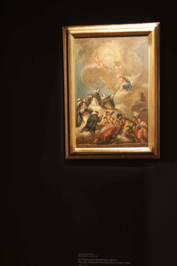 Ein Gemälde der Heiligen Dreifaltigkeit und dominikanischer Heiliger in Herrlichkeit.