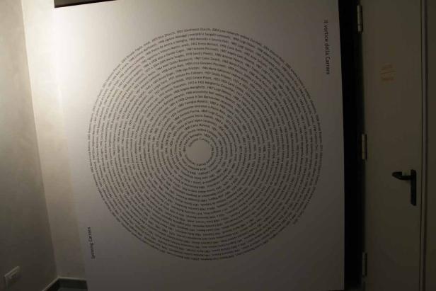 Eine Wandinstallation mit dem Titel „Il vortice della Carrara“ mit vielen Namen in einem Kreis angeordnet.