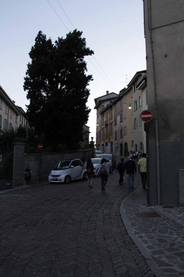 Eine Gruppe von Menschen geht eine Kopfsteinpflasterstraße entlang, auf der Autos parken.