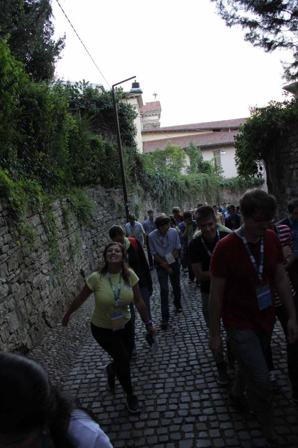 Eine Gruppe von Menschen geht eine Kopfsteinpflasterstraße entlang.