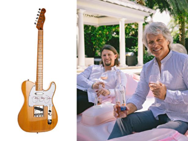 Jon Bon Jovi und ein weiterer Mann entspannen mit Wein im Freien. Eine Gitarre ist separat abgebildet.