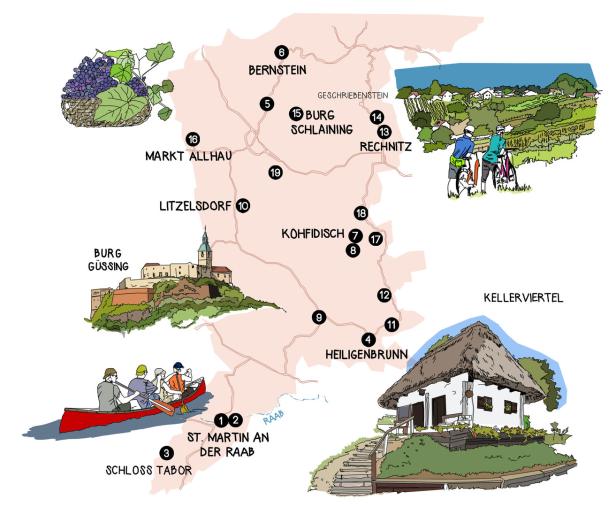 Eine illustrierte Karte des Burgenlandes mit Sehenswürdigkeiten wie Burgen, Weinbergen und dem Keller Viertel.