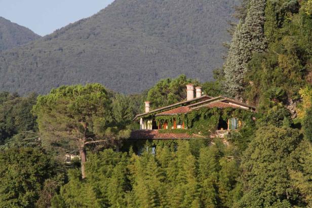 Ein mit Efeu bewachsenes Haus mit roten Fensterläden inmitten üppiger Vegetation.