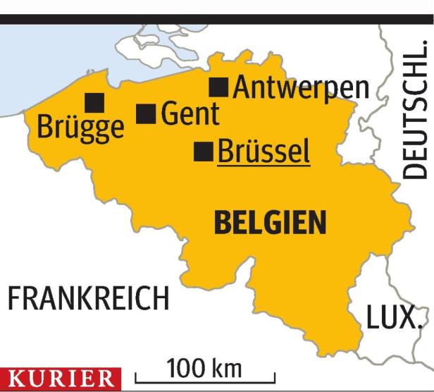 Eine Karte von Belgien mit den Städten Brüssel, Brügge, Gent und Antwerpen.