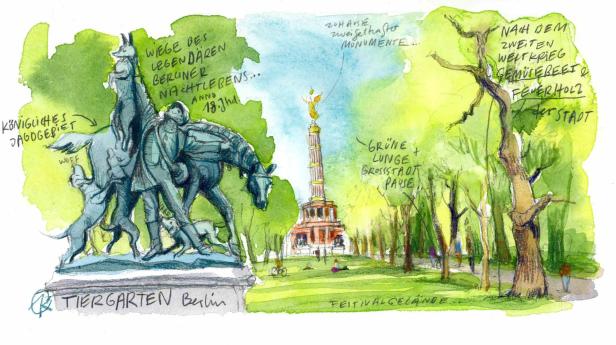 Eine Aquarellzeichnung des Berliner Tiergartens mit dem Denkmal und der Siegessäule.