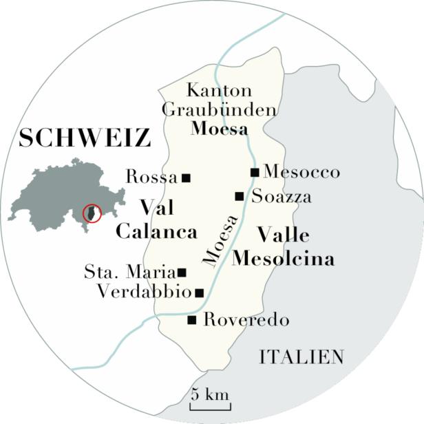 Eine Karte des Kantons Graubünden in der Schweiz, mit dem Tal Calanca und dem Valle Mesolcina.